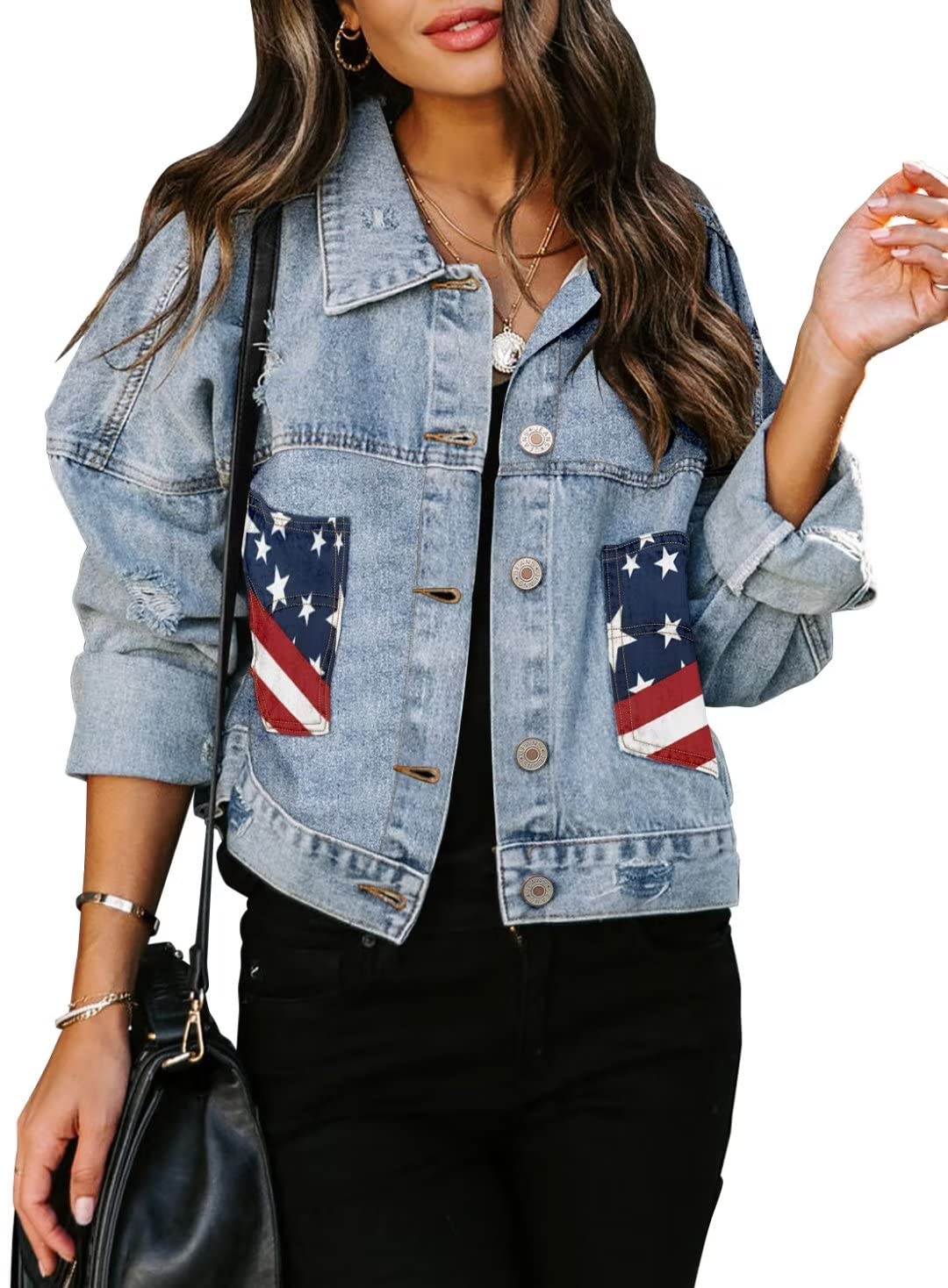 American Flag Distressed Denim Jacket